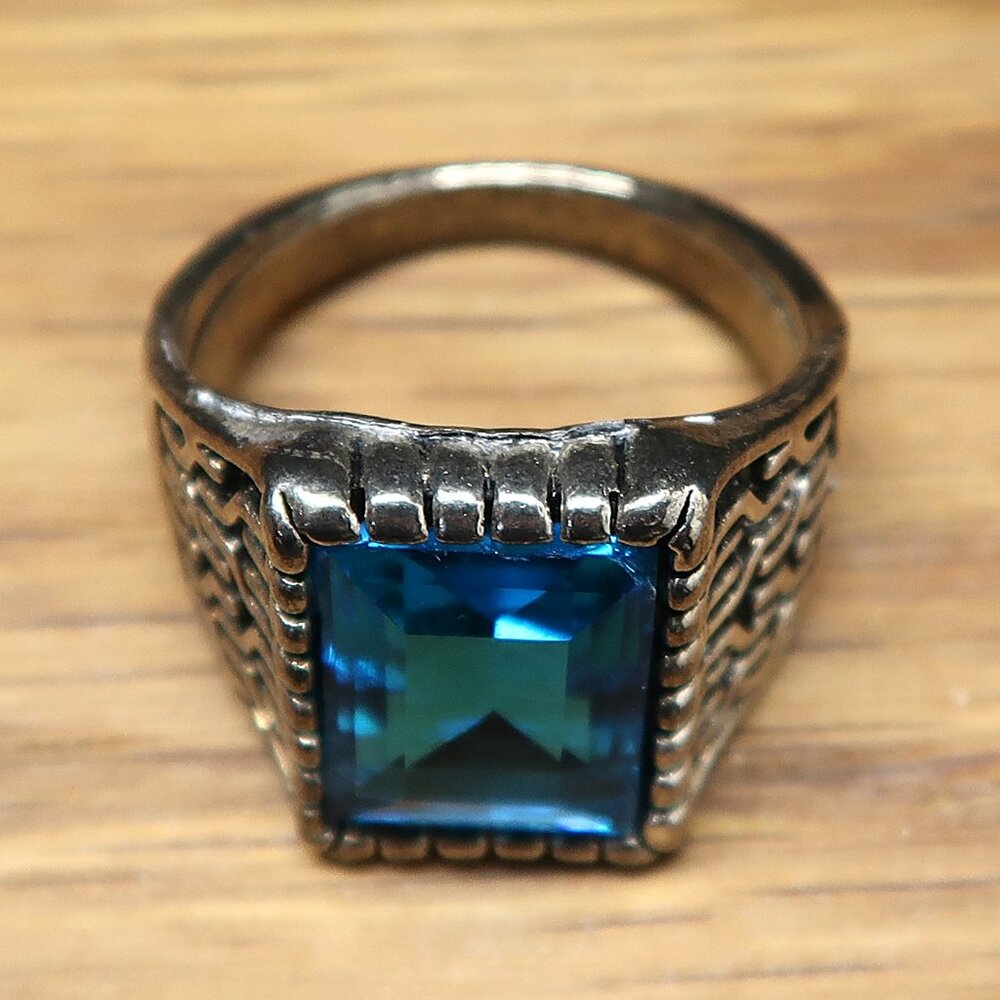 Men's Silver Tone Statement Ring Chunky Band Large Light Blue Rectangular Stone - Picture 2 of 8